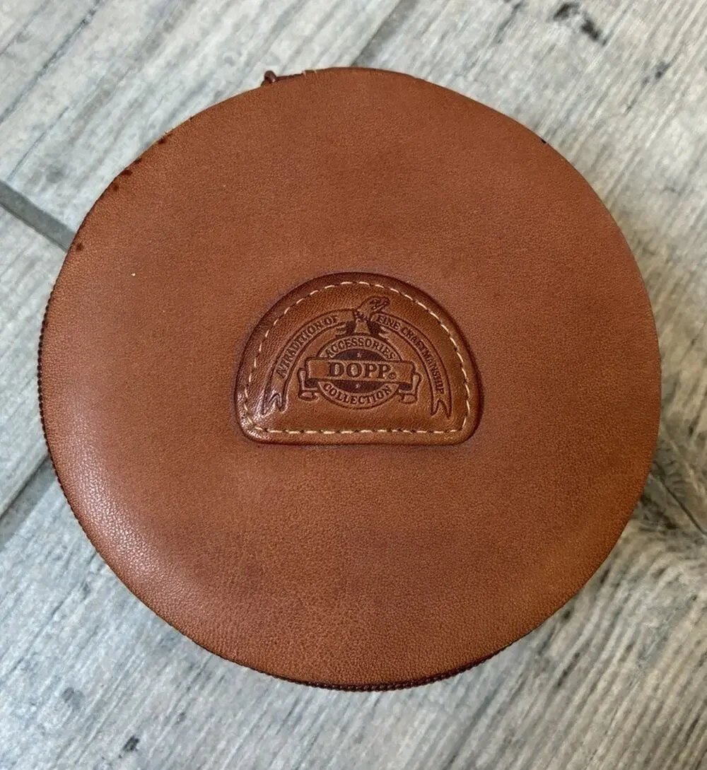 Vintage Dopp Buxton Leather Travel Jewelry Case Round Tan Deadstock 1980s